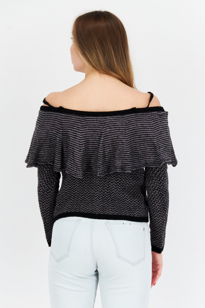 BB Dakota Women Round Neck Long Sleeve Stripe Sweater, Black - Image 2