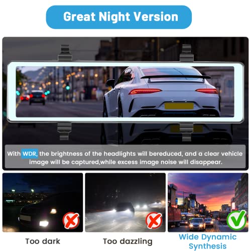 Hikity 11.26 Inch Dashcam Front and Rear View Mirror Camera, Wireless CarPlay Android Auto Screen, Rearview Mirror Dash Cam with Bluetooth/Dual Cameras/AUX/Split Screen/Voice Control/1080P Backup Camera - Image 4