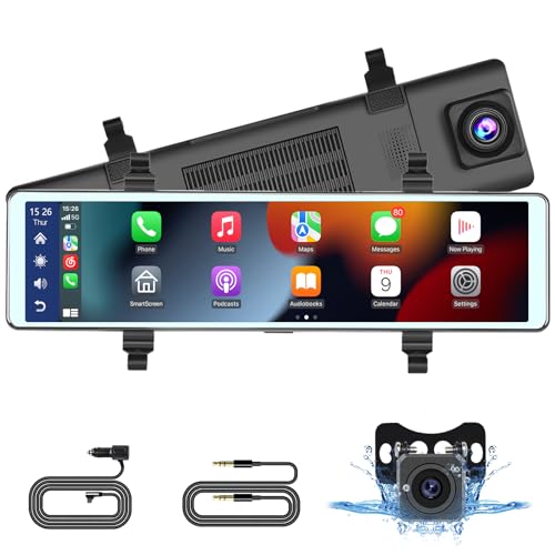 Hikity 11.26 Inch Dashcam Front and Rear View Mirror Camera, Wireless CarPlay Android Auto Screen, Rearview Mirror Dash Cam with Bluetooth/Dual Cameras/AUX/Split Screen/Voice Control/1080P Backup Camera - Image 1