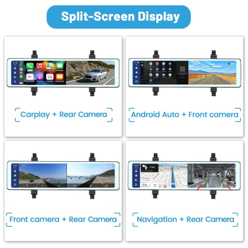 Hikity 11.26 Inch Dashcam Front and Rear View Mirror Camera, Wireless CarPlay Android Auto Screen, Rearview Mirror Dash Cam with Bluetooth/Dual Cameras/AUX/Split Screen/Voice Control/1080P Backup Camera - Image 5