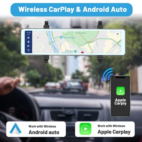 Hikity 11.26 Inch Dashcam Front and Rear View Mirror Camera, Wireless CarPlay Android Auto Screen, Rearview Mirror Dash Cam with Bluetooth/Dual Cameras/AUX/Split Screen/Voice Control/1080P Backup Camera - Image 2