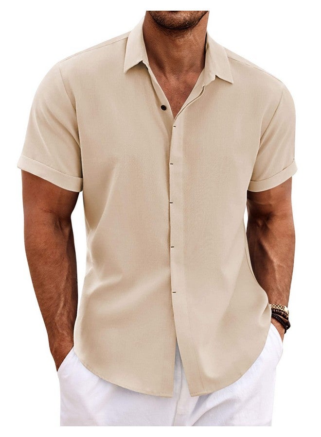 COOFANDY Men'S Casual Linen Shirts Button Down Shirt Short Sleeve Cotton Linen Shirts For Men Summer Beach Yoga T Shirts Light Khaki - Image 1
