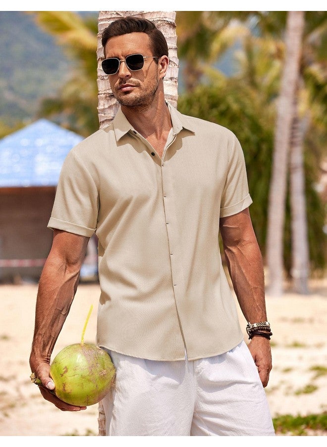 COOFANDY Men'S Casual Linen Shirts Button Down Shirt Short Sleeve Cotton Linen Shirts For Men Summer Beach Yoga T Shirts Light Khaki - Image 4