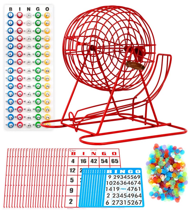 Regal Bingo Professional Bingo Game Set with 11 Wheel Cage 75 Bingo Balls Master Board 18 Bingo Cards 25 Jumbo Reusable Cards and Colorful Chips Bingo Games for Adults Large Group Red