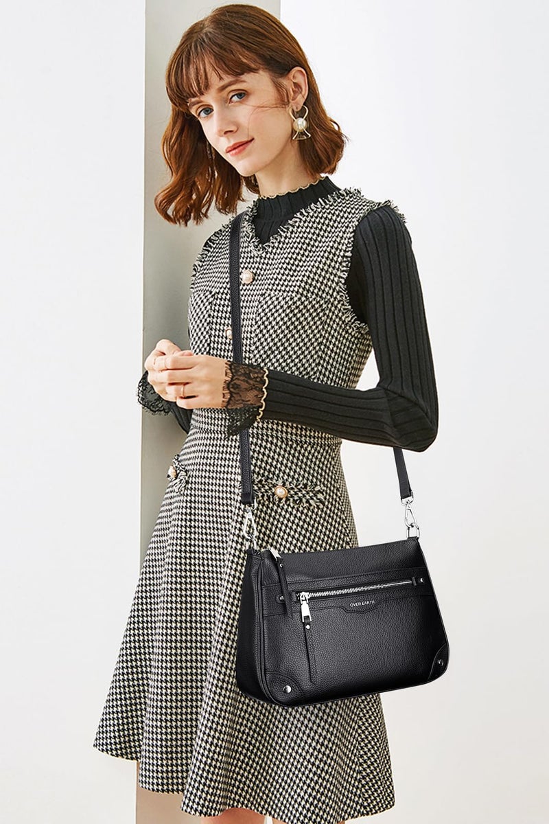 Over Earth Soft Genuine Leather Crossbody Bags for Women Medium Shoulder Purses Hobo Handbags with Multi Pockets(O190E Black) - Image 3