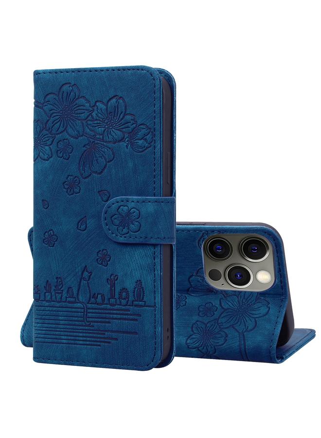 S-TOP Case For iPhone 13 Pro Cartoon Sakura Cat Embossed Leather Case - Image 1