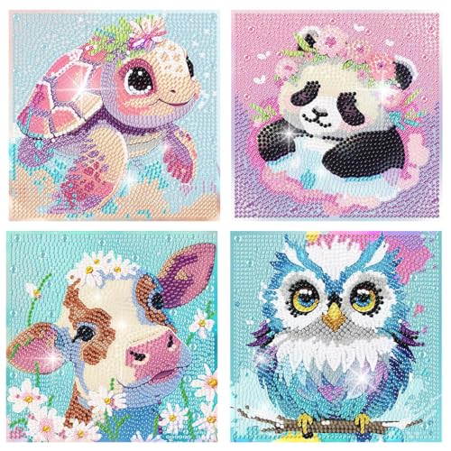 FQOVKYN 4 Packs 5D Cartoon Diamond Art Kits for Kids Cute Animals DIY Diamond Arts Mosaic Kits for Adults Beginner Full Round Drill Gem Art for Home Wall Decor Kids Present 6X6 inch - Image 1