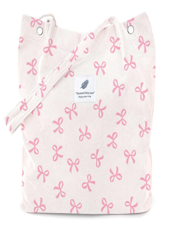 LHMTQVK Corduroy Tote Bags for Women, Large Capacity Corduroy Bag Reusable Grocery Shoulder Bag with Inner Pockets(Pink Ribbon) - Image 1