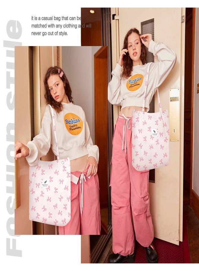 LHMTQVK Corduroy Tote Bags for Women, Large Capacity Corduroy Bag Reusable Grocery Shoulder Bag with Inner Pockets(Pink Ribbon) - Image 5