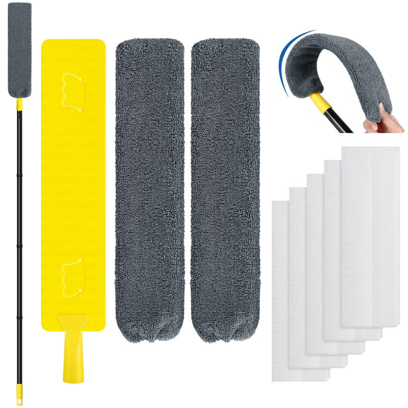 Qaestfy Under Appliance Cleaning Tool with Long Handle 2 Reusable Microfiber Pads 5 Disposable Dusting Cloths Retractable Flat Gap Duster 3063 for Behind Fridge Washer Bed Furniture - Image 1