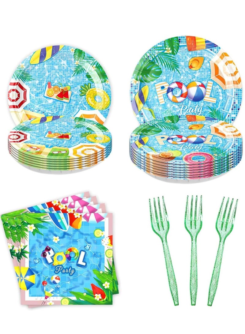 SYOSI Pool Party Supplies, Pool Plates and Napkins Set, Disposable Pool Party Plates, Napkins and Cutlery for Birthday, Baby Shower, Summer Beach, Pool Themed Party Decorations Serves 20 - Image 1
