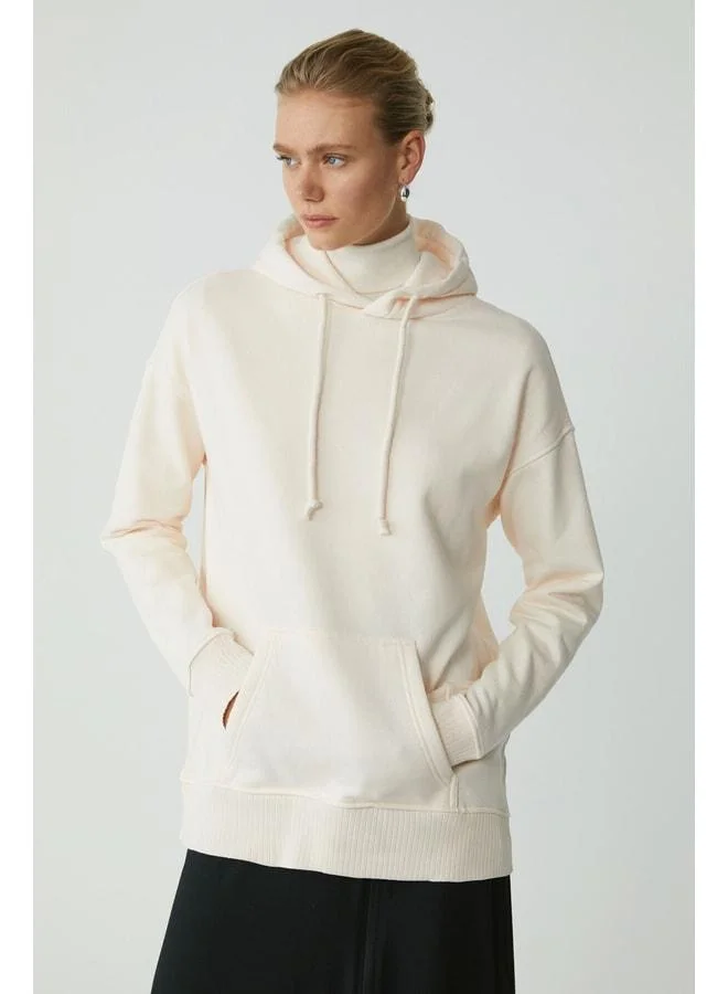 Ethiquet Carly Women's Soft Polarlined Hooded Kangaroo Pocket Oversized Fit Ecru Sweatshirt.