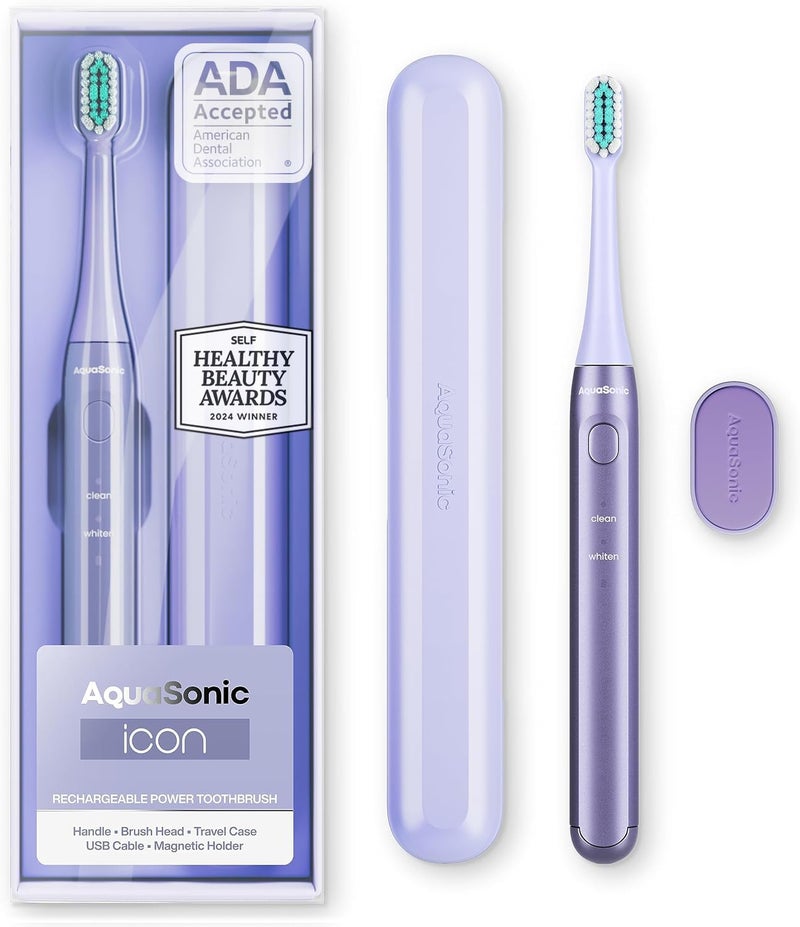 Aquasonic Icon ADAAccepted Rechargeable Toothbrush Magnetic Holder Slim Travel Case 2 Brushing Modes Smart Timers Gentle MicroVibrations Lilac