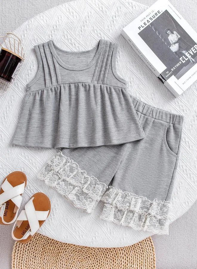 Take Two Girls Grey Ribbed Knit Top and Shorts Pyjama Set