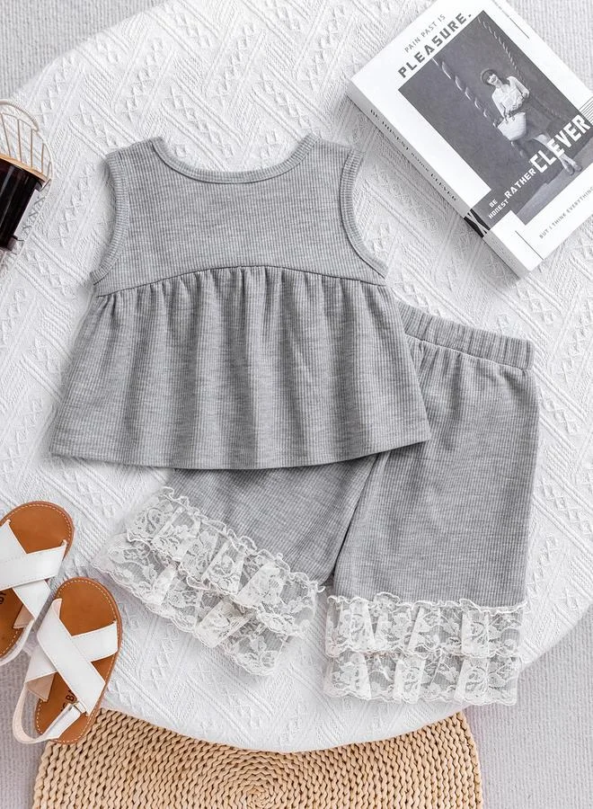 Take Two Girls Grey Ribbed Knit Top and Shorts Pyjama Set