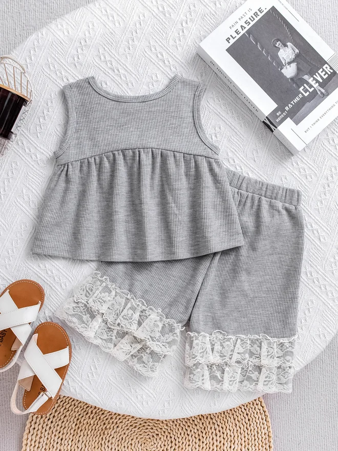 Take Two Girls Grey Ribbed Knit Top And Shorts Pyjama Set