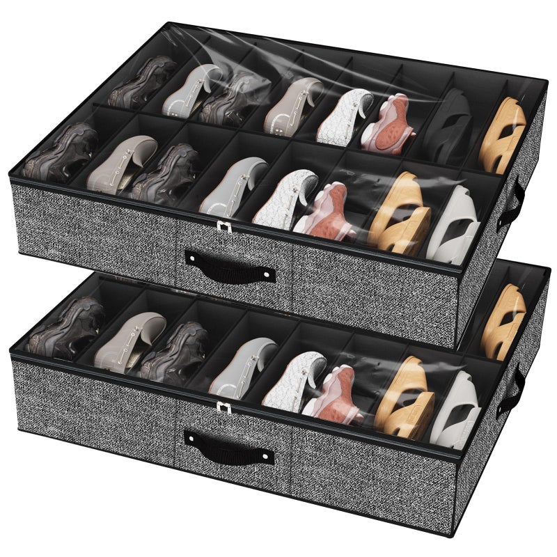 homyfort 32 Pairs Shoe Organizer Under Bed Underbed Shoe Storage Boxes Bins Organizador De Zapatos Extra Large Zapateras Organizer Black Set of 2