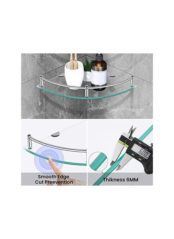 PROMASS - Corner Shelf Bathroom Shower Shelf Tempered Glass with Rail SUS 304 Stainless Steel Floating Wall Mount Bracket Brushed Brass - Image 1