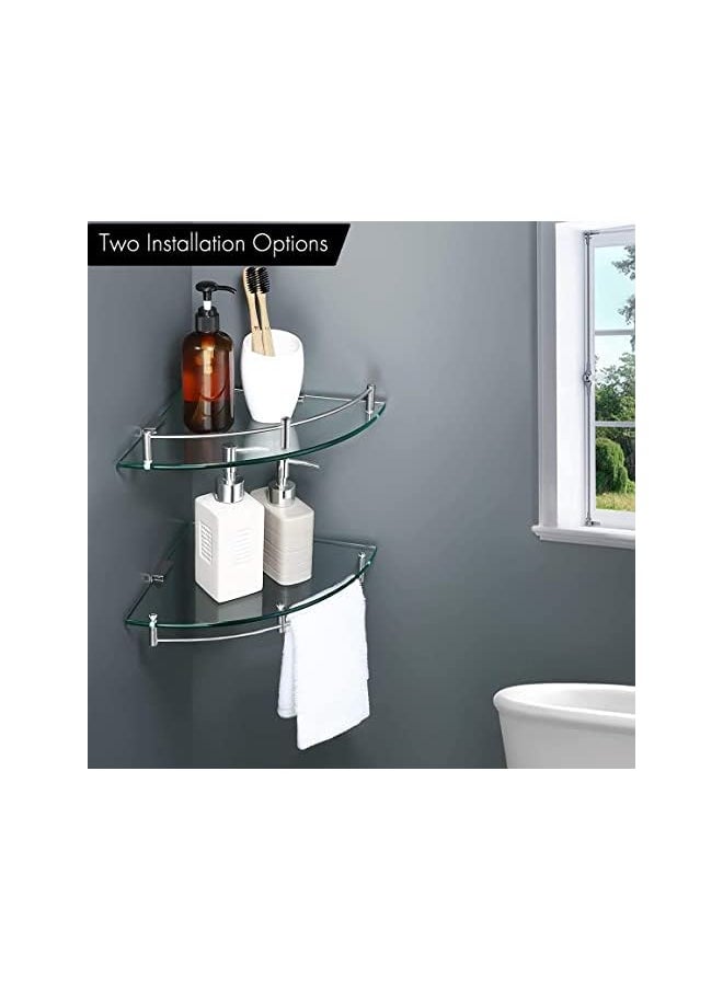 PROMASS - Corner Shelf Bathroom Shower Shelf Tempered Glass with Rail SUS 304 Stainless Steel Floating Wall Mount Bracket Brushed Brass - Image 1