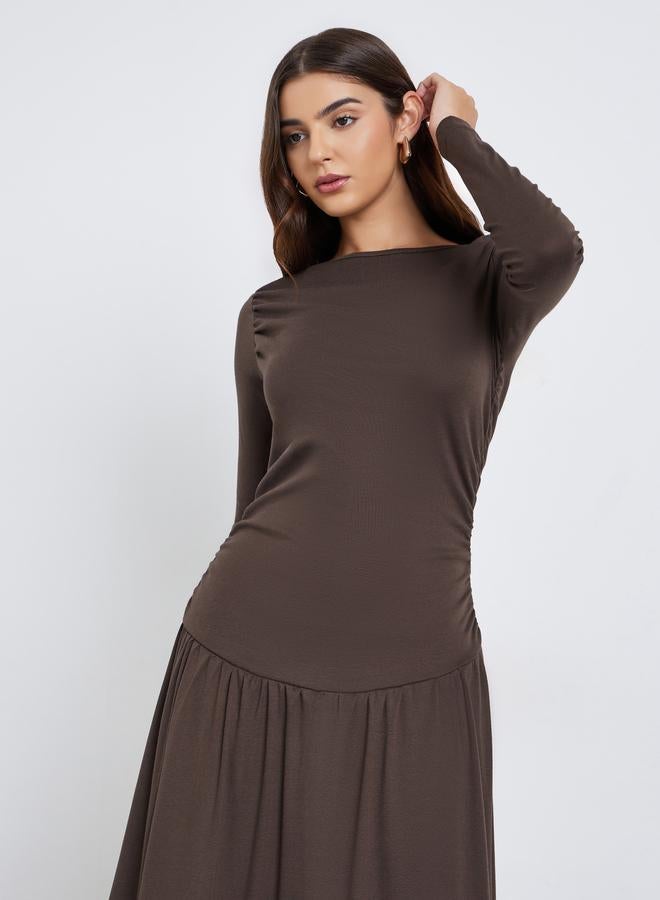 Styli Brown Gathered Detail A-Line Maxi Dress - Image 2