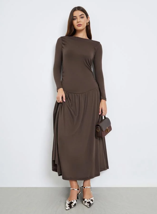 Brown Gathered Detail A-Line Maxi Dress