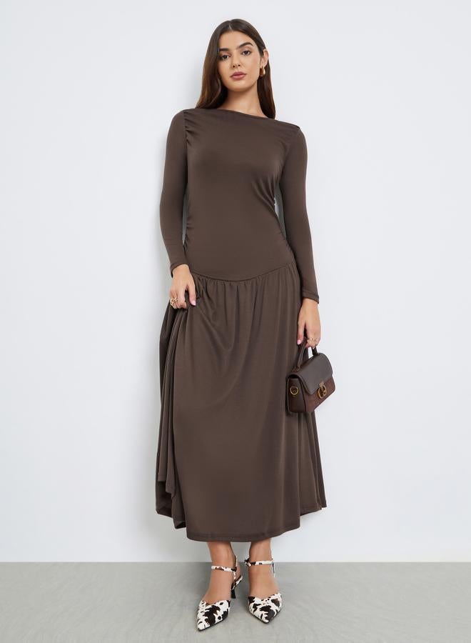 Styli Brown Gathered Detail A-Line Maxi Dress - Image 1