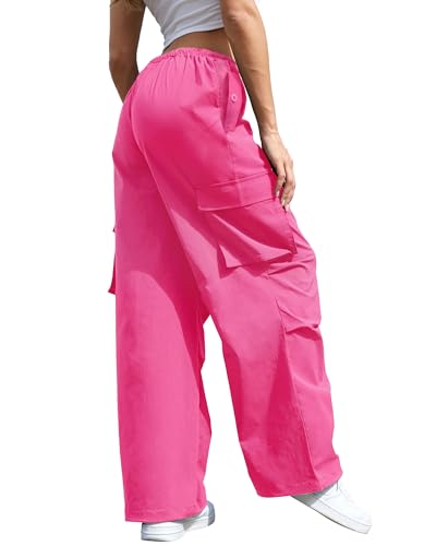 COPYLEAF Cargo Pants Women Low Waisted Parachute Pants with Pockets Loose Baggy Hiking Pants Y2K Clothes Hot Pink - Image 3