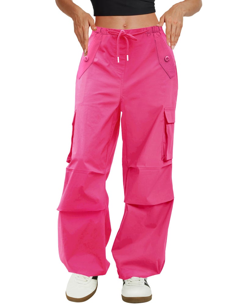COPYLEAF Cargo Pants Women Low Waisted Parachute Pants with Pockets Loose Baggy Hiking Pants Y2K Clothes Hot Pink - Image 2