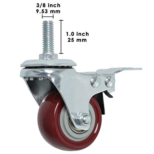 Finnhomy Swivel Caster Wheels 2 Inch Heavy Duty Threaded Stem Casters 3/8"-16x1 with Brake Set of 4 Premium Polyurethane Wheels PU Load Bearing 800 Lbs Anti-wear Smooth Casters, Red - Image 3