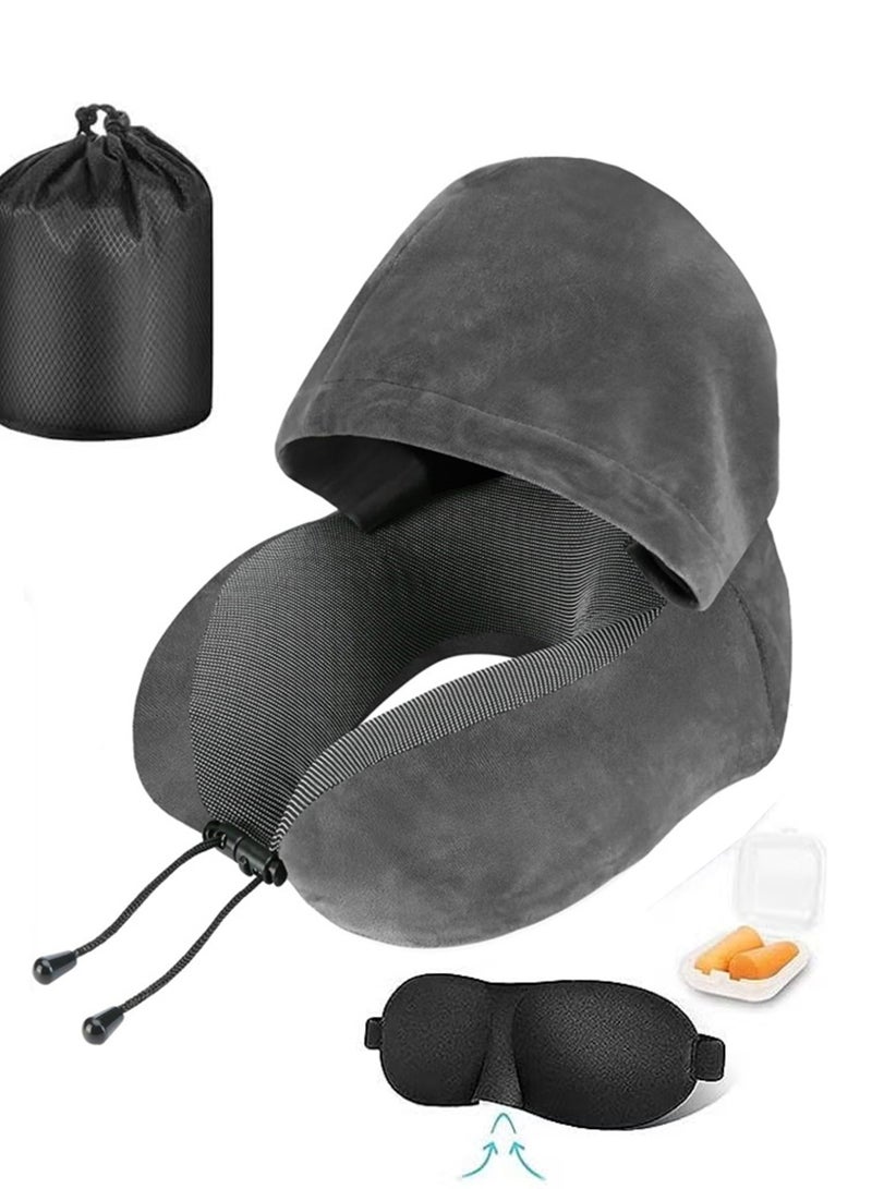 هيروكس وسادة رقبة للسفر، وسائد سفر للطائرات، وسادة رقبة للسفر مصنوعة من إسفنج الذاكرة النقي 100%، وسادة طيران قابلة للتعديل، ملحقات طائرة محمولة مع قناع للعين، سدادات أذن، حقيبة حمل (رمادي داكن) - Image 1