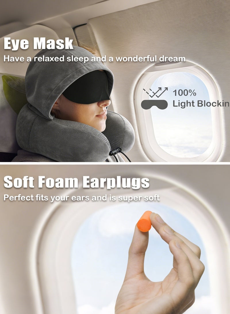 هيروكس وسادة رقبة للسفر، وسائد سفر للطائرات، وسادة رقبة للسفر مصنوعة من إسفنج الذاكرة النقي 100%، وسادة طيران قابلة للتعديل، ملحقات طائرة محمولة مع قناع للعين، سدادات أذن، حقيبة حمل (رمادي داكن) - Image 2