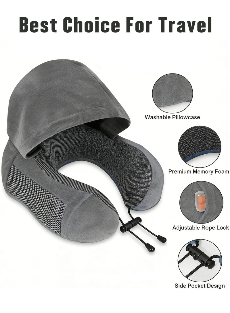 هيروكس وسادة رقبة للسفر، وسائد سفر للطائرات، وسادة رقبة للسفر مصنوعة من إسفنج الذاكرة النقي 100%، وسادة طيران قابلة للتعديل، ملحقات طائرة محمولة مع قناع للعين، سدادات أذن، حقيبة حمل (رمادي داكن) - Image 3