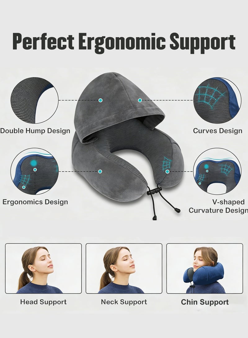هيروكس وسادة رقبة للسفر، وسائد سفر للطائرات، وسادة رقبة للسفر مصنوعة من إسفنج الذاكرة النقي 100%، وسادة طيران قابلة للتعديل، ملحقات طائرة محمولة مع قناع للعين، سدادات أذن، حقيبة حمل (رمادي داكن) - Image 4