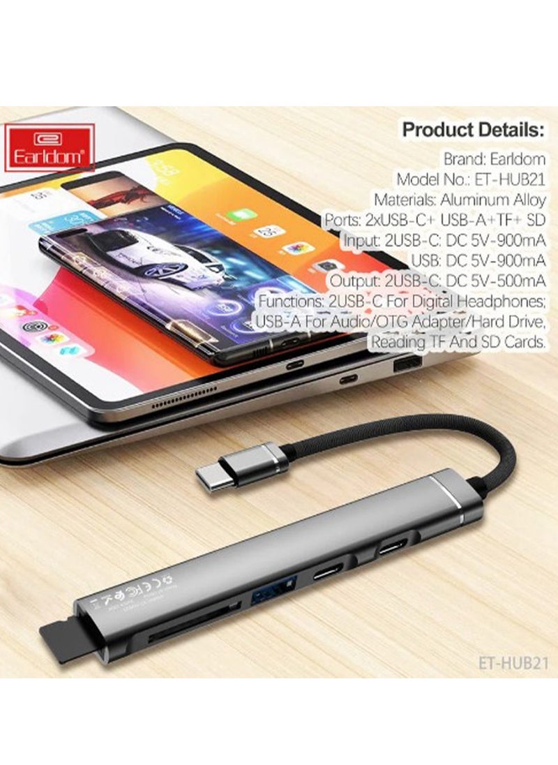 Earldom 5 in 1 adapter docking station USB type-C HUP21 for computer and mobile phone , High quality mini , Multi-port (2 USB type-C, USB 3.0, TF support , SD support)  - Image 3