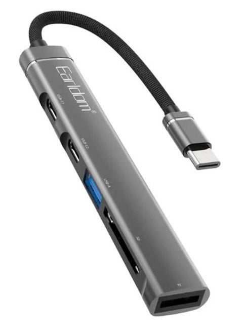 محطة إرساء محول 5 في 1 USB من النوع C HUP21 للكمبيوتر والهاتف المحمول، صغير عالي الجودة، متعدد المنافذ (2 USB من النوع C، USB 3.0، دعم TF، دعم SD)