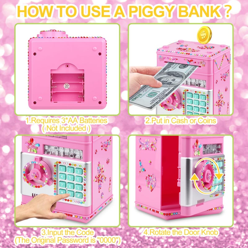 Ranphykx Piggy Bank for Kids Girls Boys with Password Code Lock Cash Coin Can Piggy Bank Girls Electronic Money Safe Bank for Kids Money Box with DIY Diamond Sticker Gift for 4 7 8 9 10 11 Year Old Boys - Image 4