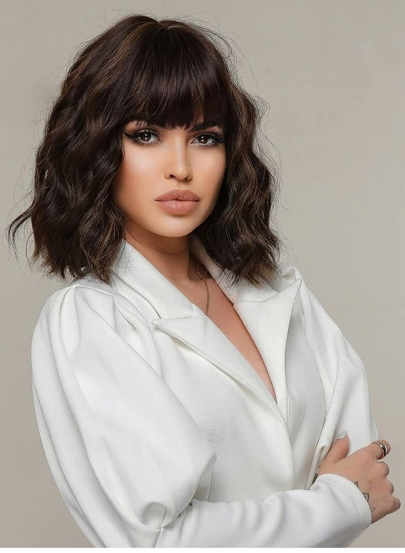 إستيل شعر مستعار مصنوع من الألياف المقاومة للحرارة مع غرة للنساء، شعر مستعار كامل ذو مظهر طبيعي، بني متدرج - Image 4