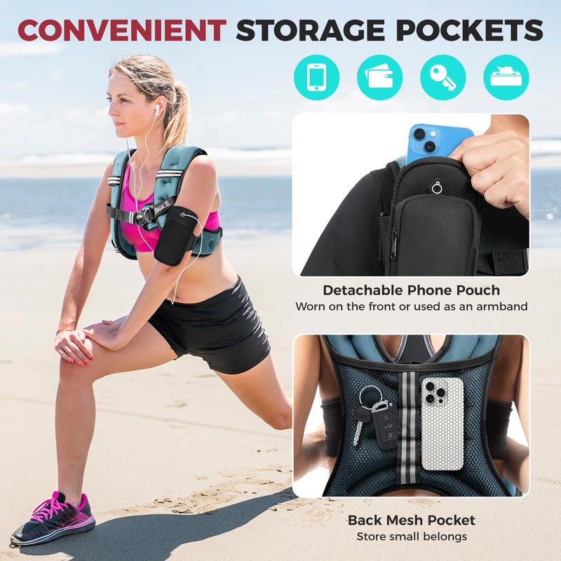 BAGAIL Comfort-Fit Weighted Vest for Woman, Even Weight Distribution, Faster Weight Loss, No-Chafe or Bounce for Walking & Running with Detachable Phone Pouch & Reflective Stripes (Available 5-30lbs) - Image 5