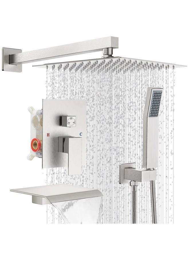 IUERASD Rain Shower Faucet Set Wall Mounted Rainfall with Tub Spout Shower Head System Rough-in Valve Body and Trim Included Brush Nickel (10 Inches) - Image 1