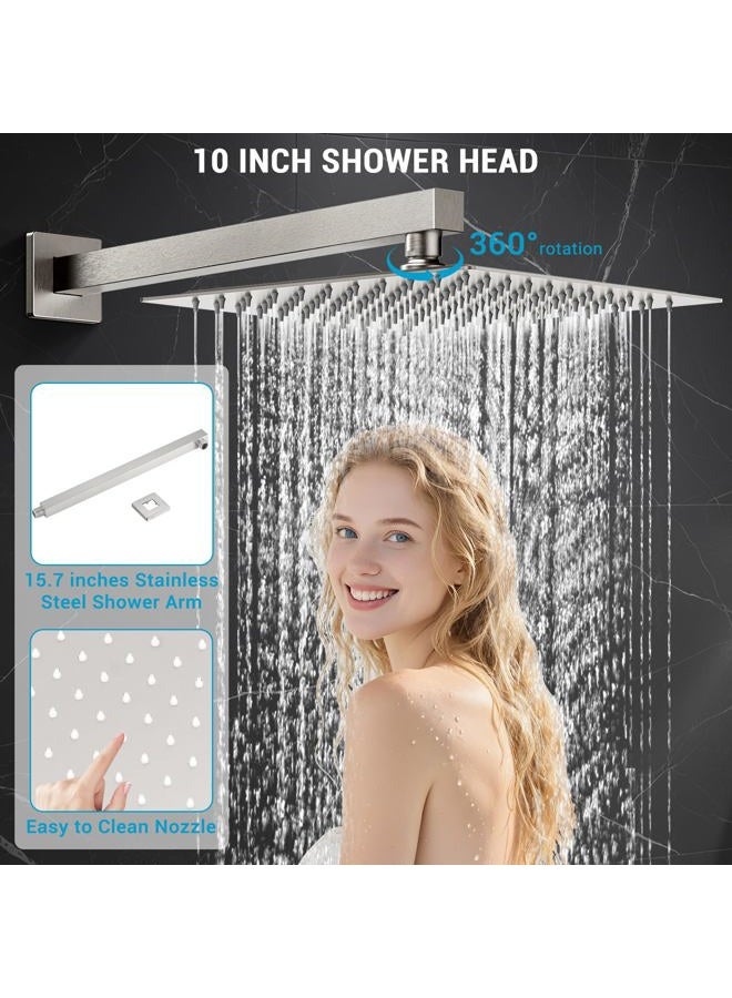 IUERASD Rain Shower Faucet Set Wall Mounted Rainfall with Tub Spout Shower Head System Rough-in Valve Body and Trim Included Brush Nickel (10 Inches) - Image 4
