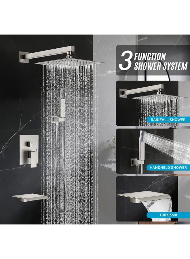 IUERASD Rain Shower Faucet Set Wall Mounted Rainfall with Tub Spout Shower Head System Rough-in Valve Body and Trim Included Brush Nickel (10 Inches) - Image 2