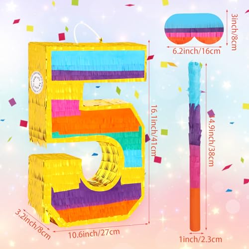 Hxezoc Rainbow Number 5 Pinata with a Blindfold and Bat for Boys Girls 5th Birthday Party Kids Anniversary Celebration Fiesta Supplies 161 x 106 x 32 Inches - Image 5