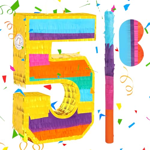 Hxezoc Rainbow Number 5 Pinata with a Blindfold and Bat for Boys Girls 5th Birthday Party Kids Anniversary Celebration Fiesta Supplies 161 x 106 x 32 Inches - Image 1