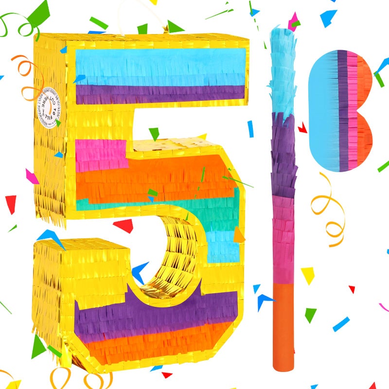 Hxezoc Rainbow Number 5 Pinata with a Blindfold and Bat for Boys Girls 5th Birthday Party Kids Anniversary Celebration Fiesta Supplies 161 x 106 x 32 Inches - Image 3