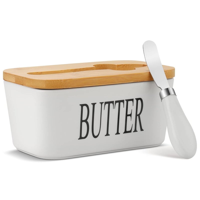 Stavae Ceramic Butter Dish Nordic Style Butter Box Butter Keeper Container Food Storage Candy Box Baking Dish with Wood Lid Knife Letter for Kitchen White - Image 1