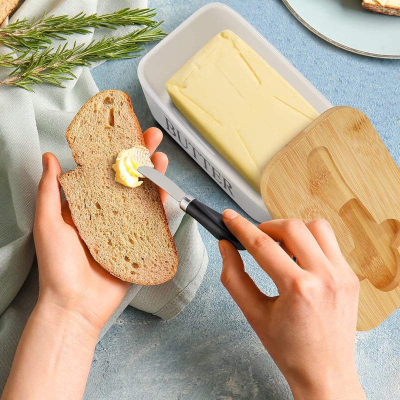 Stavae Ceramic Butter Dish Nordic Style Butter Box Butter Keeper Container Food Storage Candy Box Baking Dish with Wood Lid Knife Letter for Kitchen White - Image 2