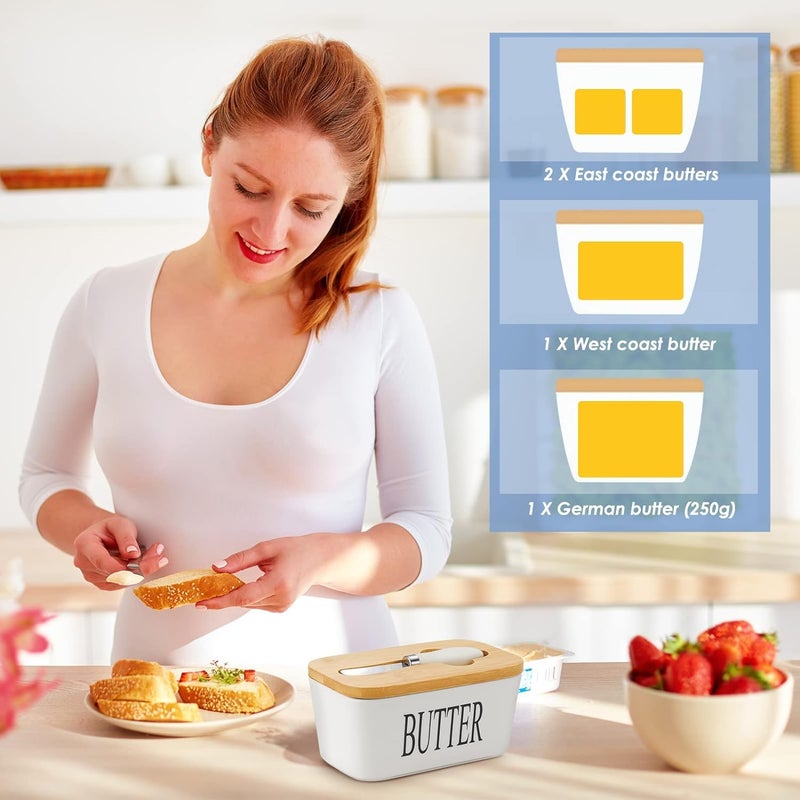 Stavae Ceramic Butter Dish Nordic Style Butter Box Butter Keeper Container Food Storage Candy Box Baking Dish with Wood Lid Knife Letter for Kitchen White - Image 3