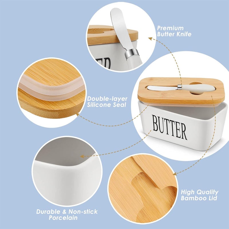 Stavae Ceramic Butter Dish Nordic Style Butter Box Butter Keeper Container Food Storage Candy Box Baking Dish with Wood Lid Knife Letter for Kitchen White - Image 5