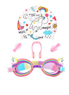 SYOSI Children's Swimming Set, 5 Sets of Children's Silicone Swimming Cap Swimming Goggles Glasses Nose Clip Ear Plugs Cartoon Pink Girls Underwater Glasses Goggles for Children Age 3-12 Years  - Image 1