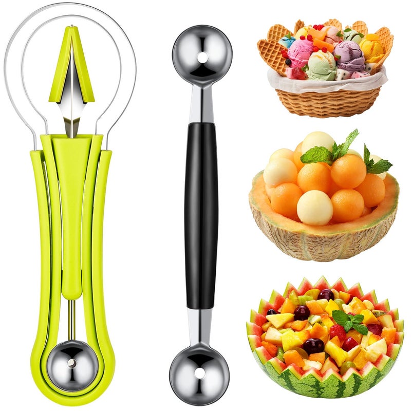 Patelai 2 Pieces Melon Baller Scoop Set 4 in 1 Fruit Cutters Stainless Steel Watermelon Scooper and Ice Cream Baller for Dig Pulp Separator Fruit Slicer